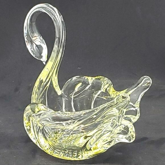 Chalet Glass Vintage Hand Blown Clear Yellow Textured Base Art Glass Swan Dish - Picture 8 of 12